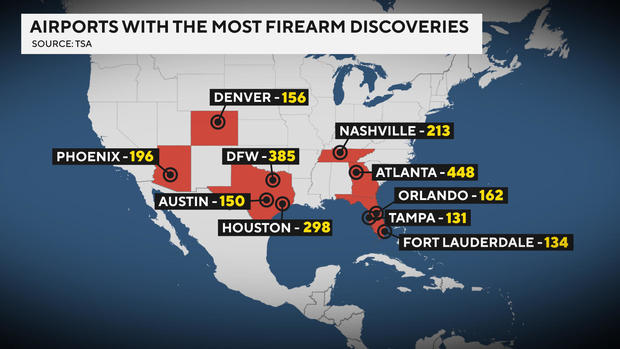 map showing the airports with the most firearm discoveries in 2022 