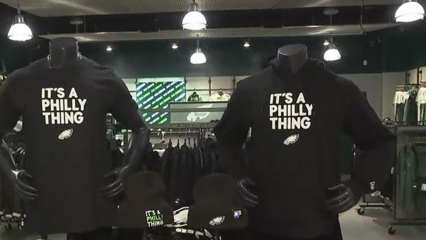 Philadelphia Eagles playoff gear that reads "It's a Philly Thing" is out on display in the Eagles Pro Shop. 