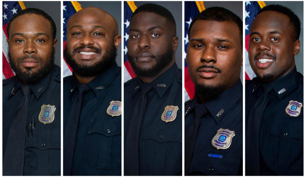 From left, former Memphis police officers Demetrius Haley, Desmond Mills Jr., Emmitt Martin III, Justin Smith and Tadarrius Bean are seen in a combination of undated photographs. They were terminated after their involvement in a traffic stop that ended wi 