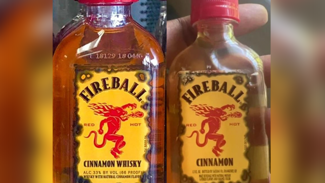 Miniature bottles of Fireball Whisky on display 