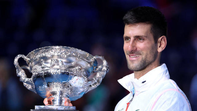 Novak Djokovic poses after winning the Men's Singles Final match of the Australia Open against Stefanos Tsitsipas at Melbourne Park on Jan. 29, 2023. 