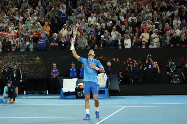 Novak Djokovic celebrates winning the Australian Open at Melbourne Park on Jan. 29, 2023. 