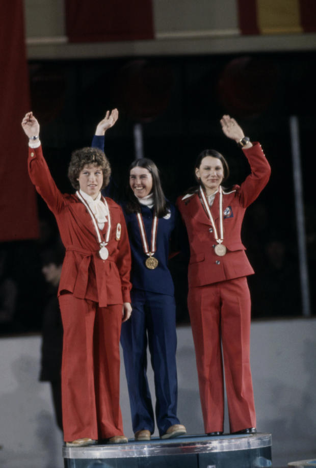 Cathy Priestner, Sheila Young, Tatyana Averina In Medal Ceremony In The 1976 Winter Olympics 