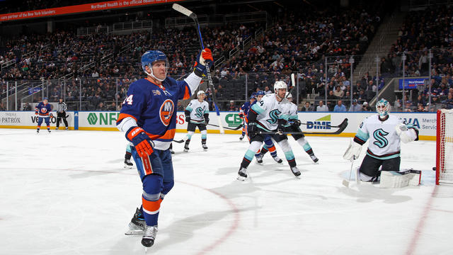 Bo Horvat #14 of the New York Islanders scores his first goal with the team against the Seattle Kraken at 5:08 of the second period at UBS Arena on February 07, 2023 in Elmont, New York. 