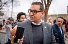 GOP Rep. George Santos of New York leaves a House GOP conference meeting on Capitol Hill in Washington on Jan. 25, 2023. 