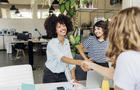 Happy businesswoman shaking hand with colleague at work place 