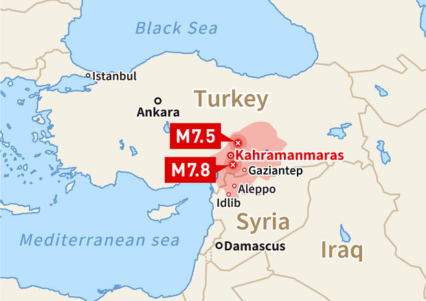 A map shows the epicenter of two major earthquakes that struck southern Turkey on February 6, 2023, with a 7.8-magnitude temblor striking first in the early morning hours, very near the country's southern border with Syria, followed by another powerful quake about nine hours later