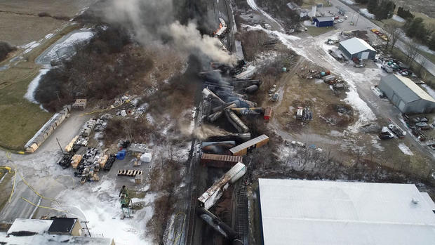 Drone footage shows the freight train derailment in East Palestine, Ohio, on Feb. 6, 2023, in this screengrab obtained from a handout video released by the NTSB. 