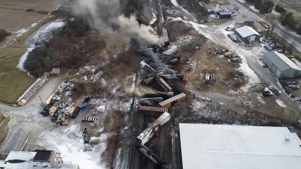 Drone footage shows the freight train derailment in East Palestine, Ohio, on Feb. 6, 2023, in this screengrab obtained from a handout video released by the NTSB.