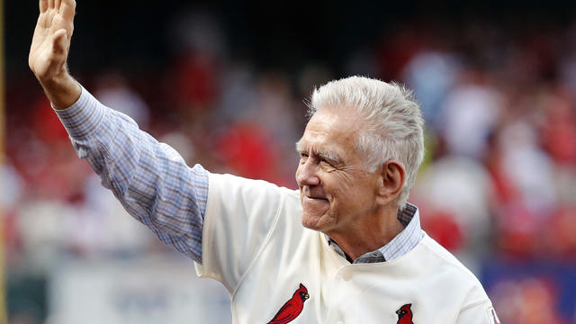 Tim McCarver, a member of the St. Louis Cardinals' 1967 World Series championship team, takes part in a ceremony honoring the 50th anniversary of the victory before the start of a baseball game between the Cardinals and the Boston Red Sox on May 17, 2017, in St. Louis. 