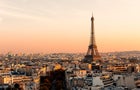 Aerial view of Paris streets and Eiffel Tower at sunset, France 