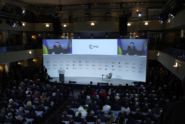 Ukrainian President Volodymyr Zelensky speaks via video link to the Munich Security Conference on Feb. 17, 2023, in Munich, Germany. 
