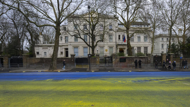 Ukrainian flag painted in front of Russian Embassy London 