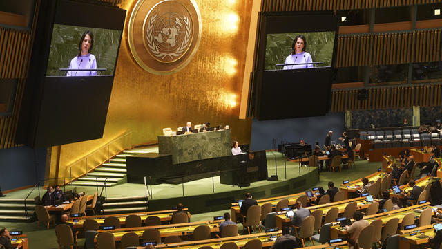 Germany's foreign minister Annalena Baerbock addresses the UN General Assembly on February 23, 2023. 