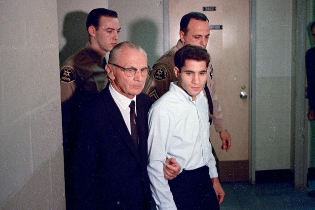 Sirhan Sirhan seen in 1968 with his attorney, Russell E. Parsons