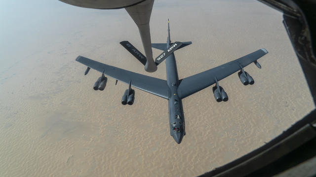 A U.S. Air Force B-52H "Stratofortress" being refueled 