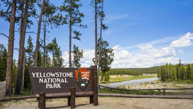 Sign for Yellowstone National Park at the South Entrance, Wyoming 