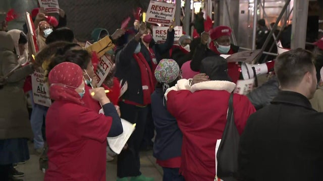 Dozens of demonstrators stand outside Harlem Hospital, some holding signs reading, "Respect public hospital nurses." 