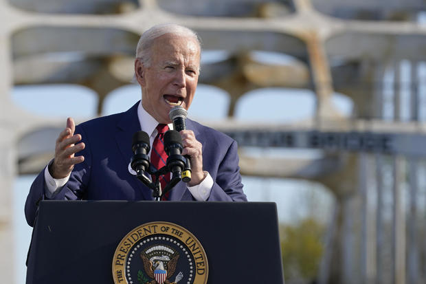 President Biden speaks near the Edmund Pettus Bridge in Selma, Alabama, on Sunday, March 5, 2023. 