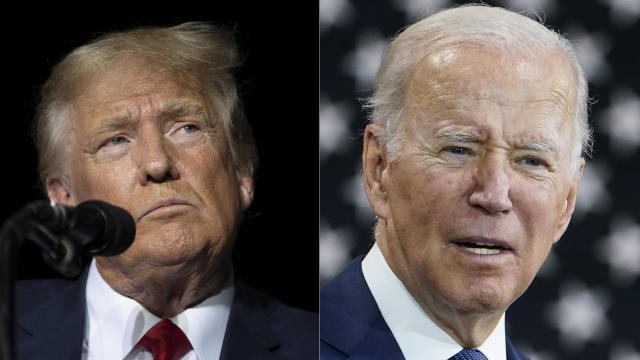 This combination of photos shows former President Donald Trump, left, and President Biden, right. 