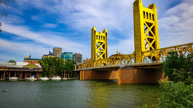 Gold Tower Bridge and Sacramento River in Sacramento, California 