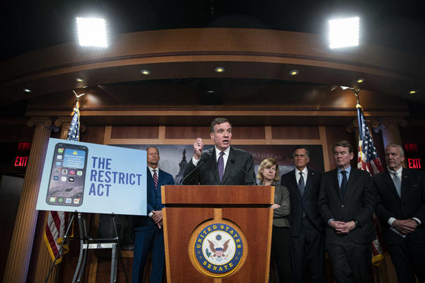 Sen. Mark Warner, a Democrat from Virginia, speaks during a news conference at the Capitol in Washington on Tuesday, March 7, 2023. 