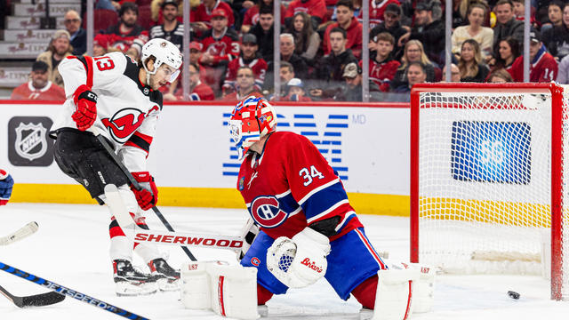 Nico Hischier #13 of the New Jersey Devils scores during the first period of the NHL regular season game between the Montreal Canadiens and the New Jersey Devils at the Bell Centre on March 11, 2023 in Montreal, Quebec, Canada. 