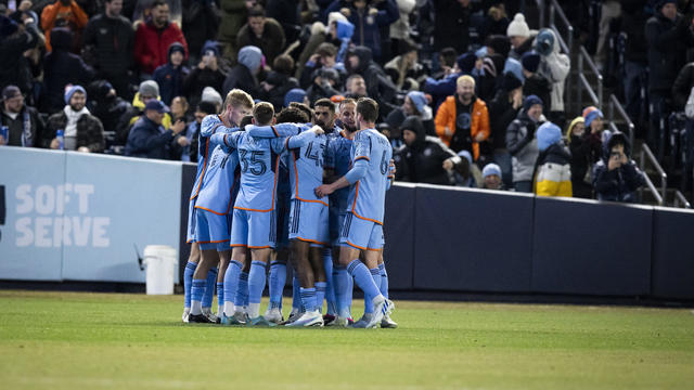 Members of the New York City Football Club celebrate an own goal by Inter Miami CF in the first half of the Major League Soccer match at Yankee Stadium on March 11, 2023 in New York City. 