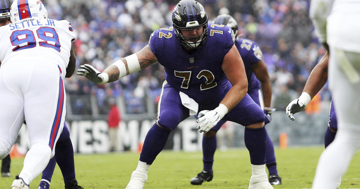 Baltimore Ravens guard Ben Powers (72) in action during the first