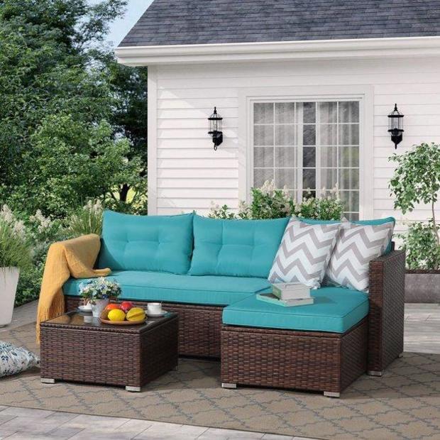 Orange-Casual Patio Furniture Set, All-Weather Outdoor Sectional Sofa, with Glass Coffee Table for Deck Balcony Porch, Brown Rattan & Turquoise Cushion 