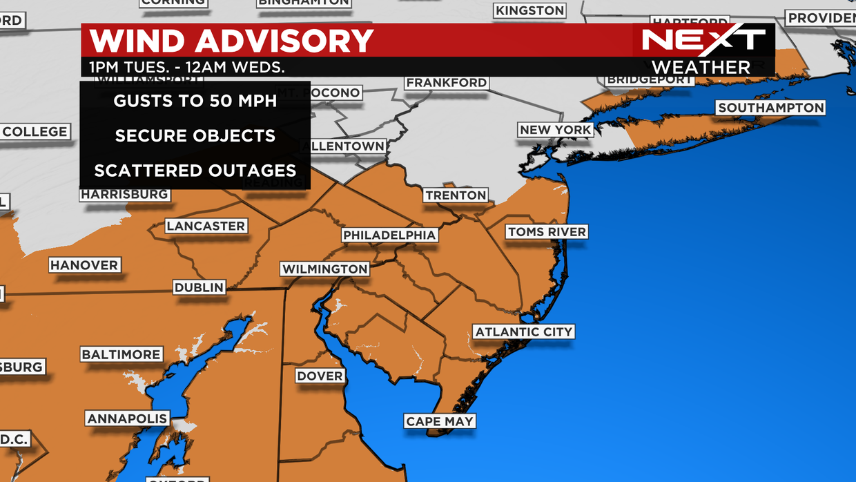 A graphic showing a county-line map of the region with all relevant counties shaded. All are under a wind advisory until 12 a.m. Wednesday, gusts up to 50 mph are possible. 