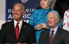 Then-Sen. Joe Biden and former president Jimmy Carter watch the proceedings on day two of the Democratic National Convention at the Pepsi Center on Aug. 26, 2008, in Denver, Colorado. 
