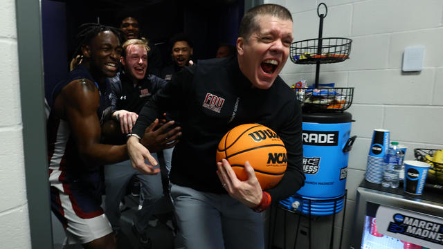 Tobin Anderson head coach of the Fairleigh Dickinson Knights celebrates their win over the Purdue Boilermakers during the first round of the 2023 NCAA Men's Basketball Tournament held at Nationwide Arena on March 17, 2023 in Columbus, Ohio. 