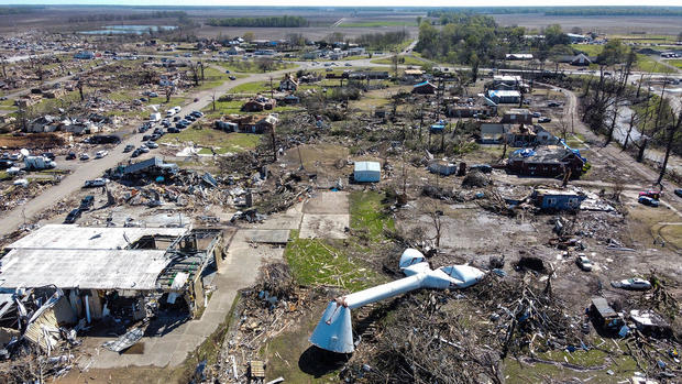 Aerial view of a destroyed neighborhood in Rolling Fork, Mississippi, after a tornado touched down in the area March 27, 2023. 