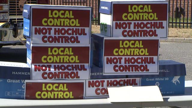 Signs reading "Local control not Hochul control." 