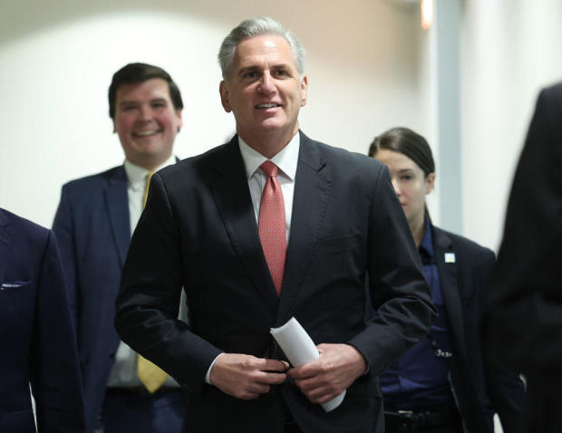 Speaker of the House Kevin McCarthy leaves a House Republican meeting at the Capitol on March 28, 2023, in Washington, D.C. 
