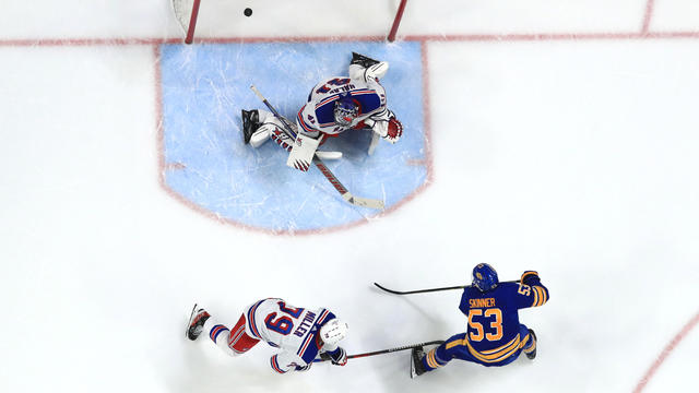 Jeff Skinner #53 of the Buffalo Sabres scores the overtime game-winning goal against Jaroslav Halak #41 of the New York Rangers in an NHL game on March 31, 2023 at KeyBank Center in Buffalo, New York. 