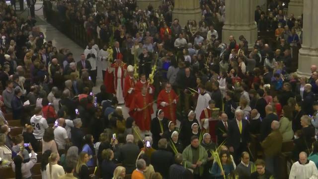 Crowds inside St. Patrick's Cathedral watch a Palm Sunday procession. 