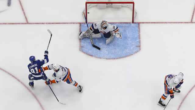 Steven Stamkos #91 of the Tampa Bay Lightning scores a goal against Ilya Sorokin #30 of the New York Islanders during the first period at Amalie Arena on April 1, 2023 in Tampa, Florida. 