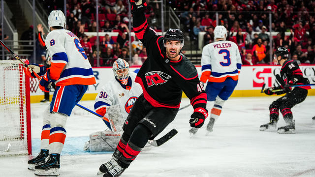 Jordan Martinook #48 of the Carolina Hurricanes celebrates after scoring a goal during the third period against the New York Islanders at PNC Arena on April 02, 2023 in Raleigh, North Carolina. 