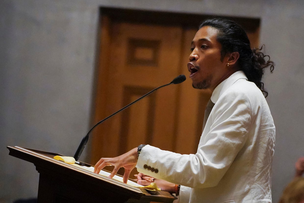 State Rep. Justin Jones speaks at the Tennessee House of Representatives ahead of votes on whether to expel him and two other Democratic members for their roles in a gun control demonstration at the statehouse last week, in Nashville, Tennessee, April 6,  