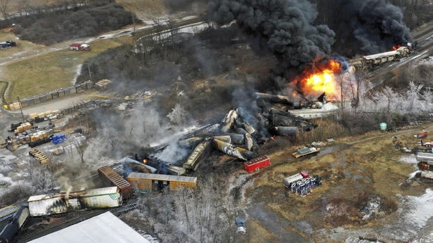 This photo taken with a drone on Feb. 4, 2023, shows portions of a Norfolk Southern freight train still on fire after it derailed on Feb. 3, in East Palestine, Ohio. 