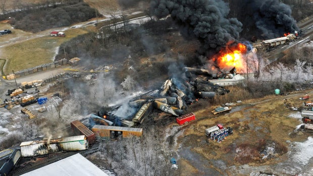 This photo taken with a drone on Feb. 4, 2023, shows portions of a Norfolk Southern freight train still on fire after it derailed on Feb. 3, in East Palestine, Ohio.