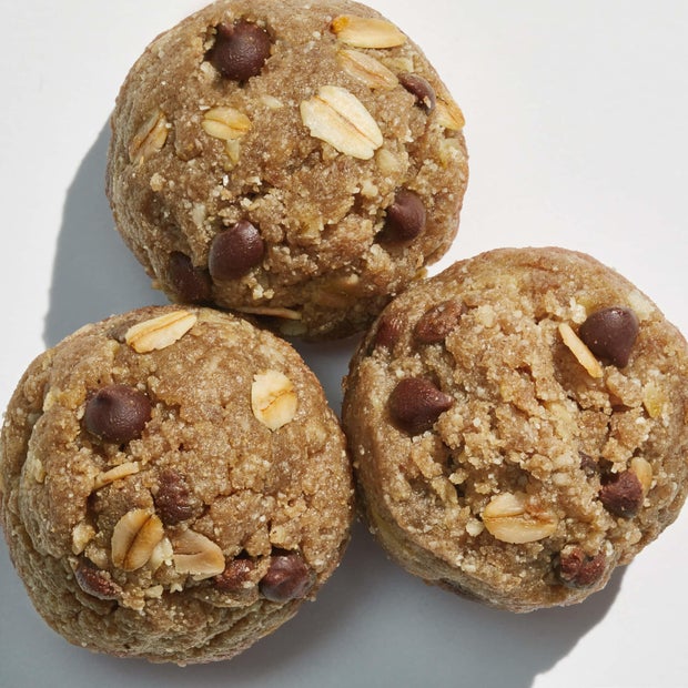 Close up of three banana and cacao bites from Daily Harvest