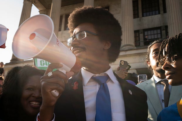 Expelled State Rep. Justin Pearson delivers remarks outside the state Capitol Monday, April 10, 2023, in Nashville. 