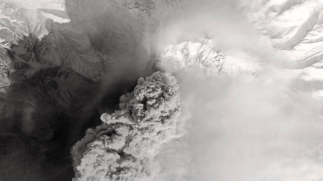 A satellite image shows the erupting Shiveluch volcano on the Russia's Kamchatka peninsula 