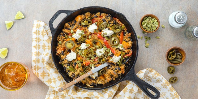 Black Bean-Sweet Potato Skillet with Mojo Rojo & Pepitas 
