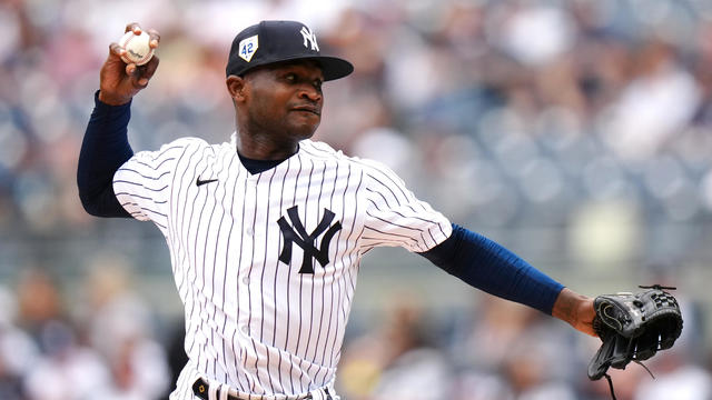 Domingo German #0 of the New York Yankees pitches during the game between the Minnesota Twins and the New York Yankees at Yankee Stadium on Saturday, April 15, 2023 in New York, New York. 