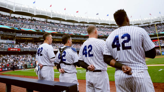 New York Yankees players looks on while wearing #42 for Jackie Robinson Day during the game between the Minnesota Twins and the New York Yankees at Yankee Stadium on Saturday, April 15, 2023 in New York, New York. 