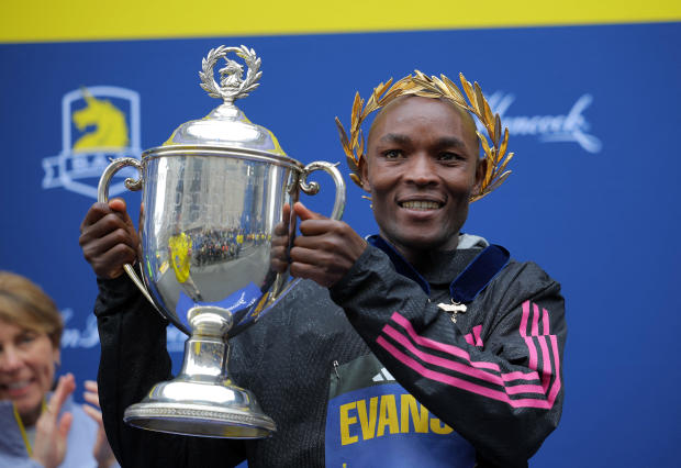 Kenya's Evans Chebet poses as he celebrates after winning the elite men's race in the Boston Marathon in Boston, Massachusetts, April 17, 2023. 